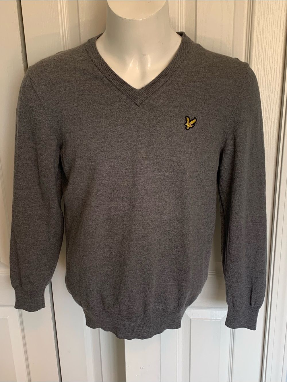 Lyle & Scott Men's V-Neck Sweater in Grey with Yellow Logo